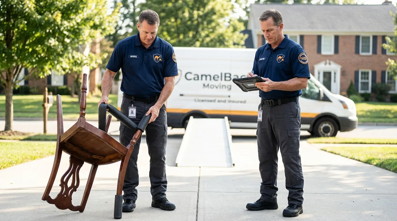 Movers inspecting furniture for damage prevention before loading in Ripley, WV