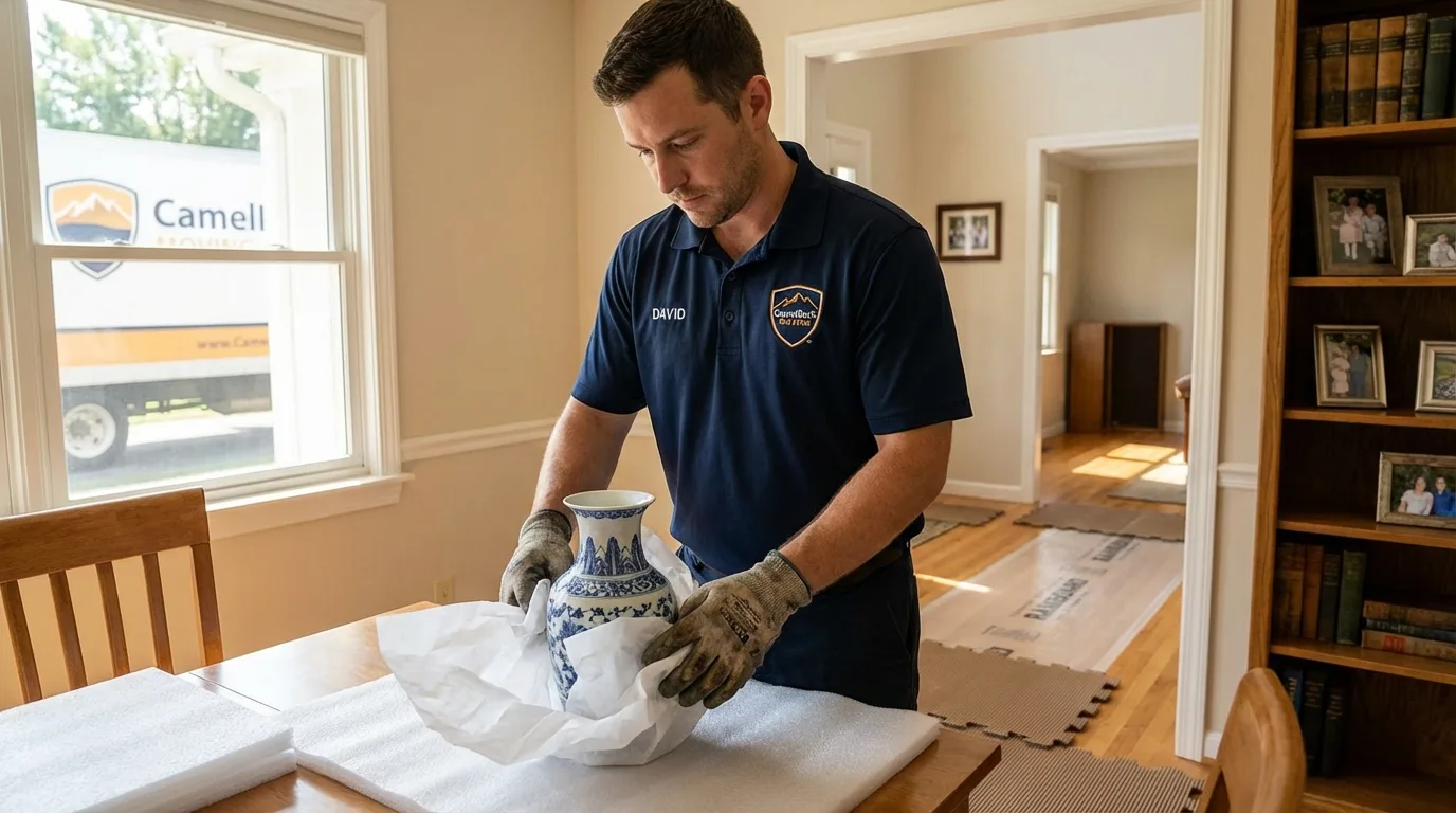 Professional crew carefully wrapping antique vase for senior downsizing move in Ripley, WV